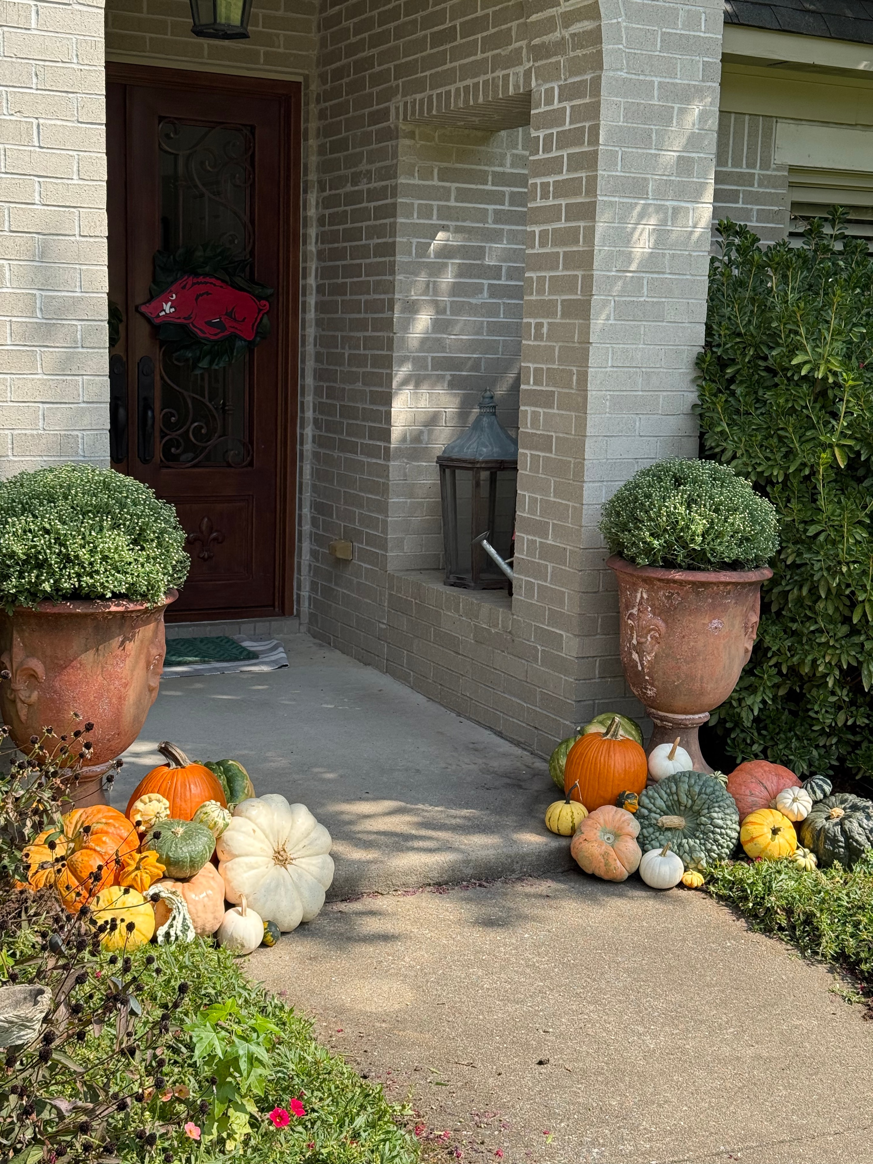 Styled fall porch with pumpkins and botanicals